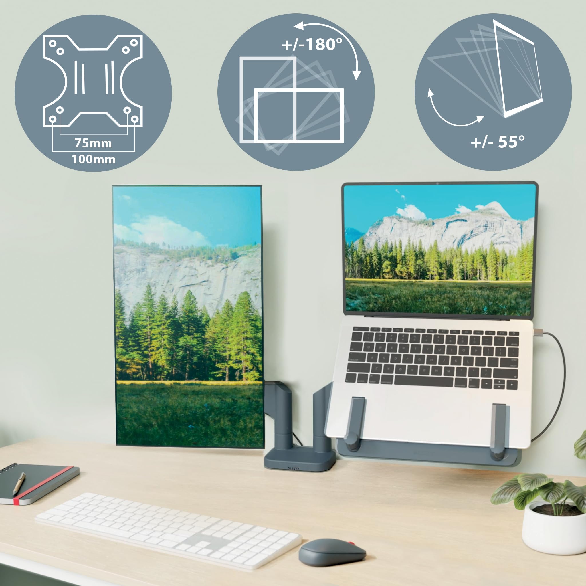 Leitz Ergo Braccio Doppio per Monitor e PC a molla, per Schermi fino a 32 " e ad un Peso di 9 kg, Salvaspazio ed Ergonomico, Grigio Scuro, 65380089
