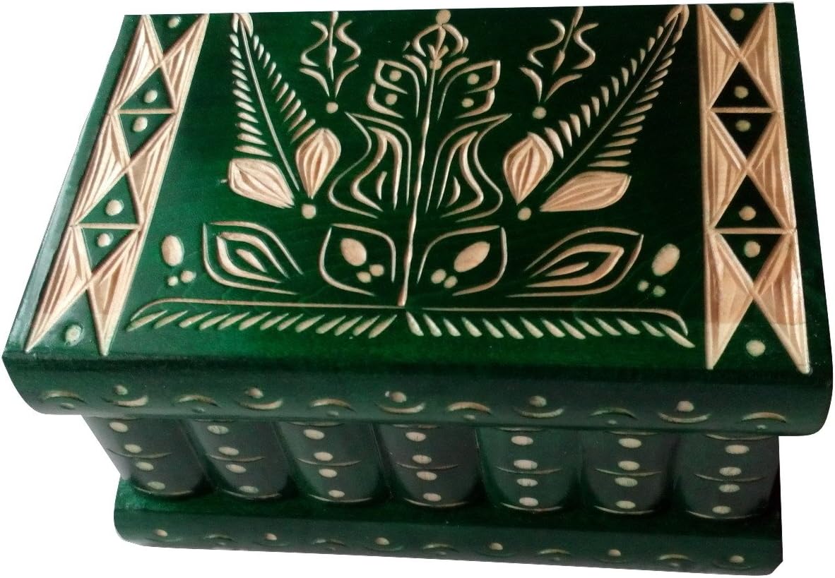Big wooden magic mystery puzzle secret tricky beautiful handcarved wooden storage jewelry box case special hidden drawer place (Green)