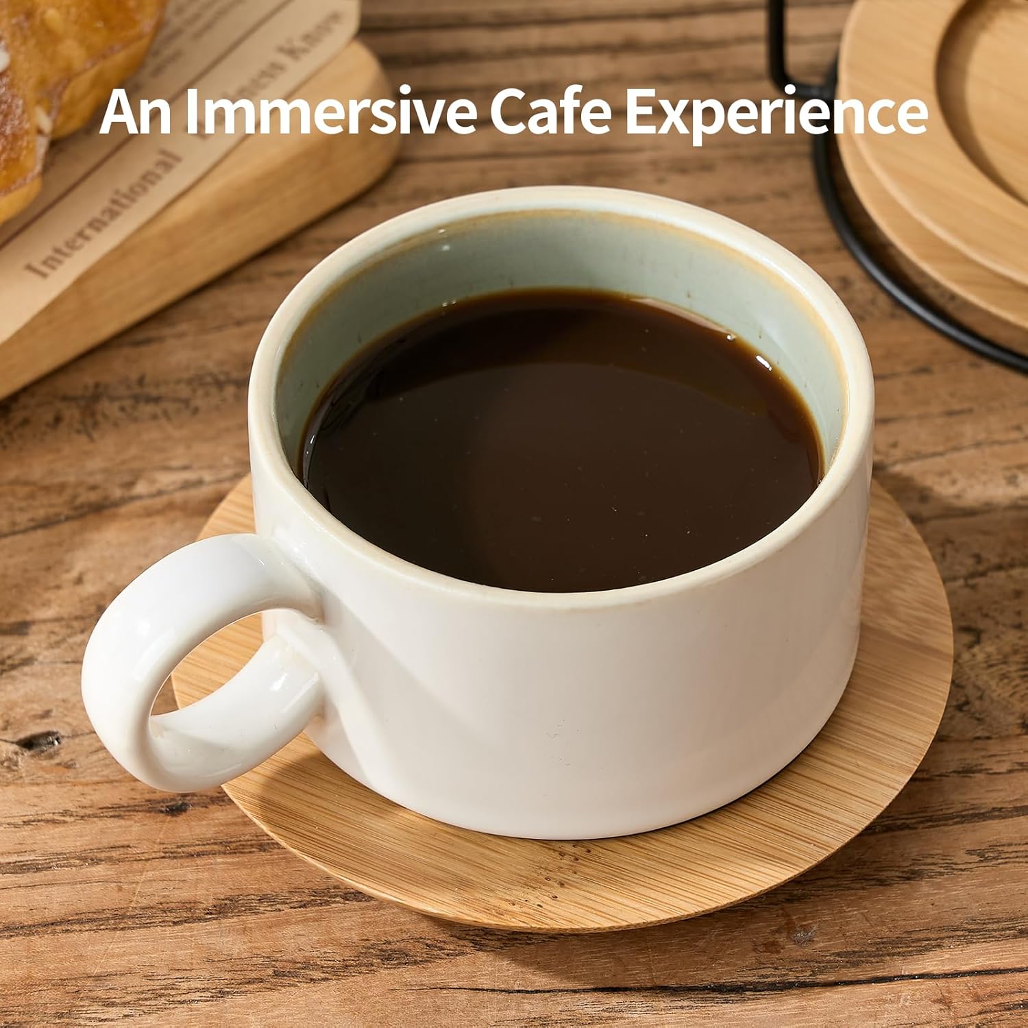 LUKA 6 Ounce Porcelain Stackable Espresso Cups with Saucers and Metal Stand Set of 4, Ceramic Cappuccino Cups Set for Specialty Coffee Drinks, Latte, Cafe Mocha and Tea, White Green Interior - Image 4