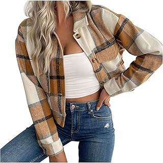 TURWXGSO Women's Coats UK Clearance Cropped Plaid Print Coats Long Sleeve Lapel Collar Jackets Casual Office Work Outerwear Button Down Short Jackets with Pockets Transitional Jackets