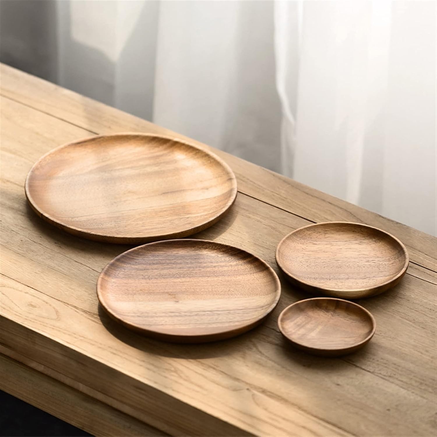 Fruit Tray for Party All Wood Acacia Plate Round Sushi Plate Dessert Fruit Bread Plate Soup Tableware Set Plate (S)