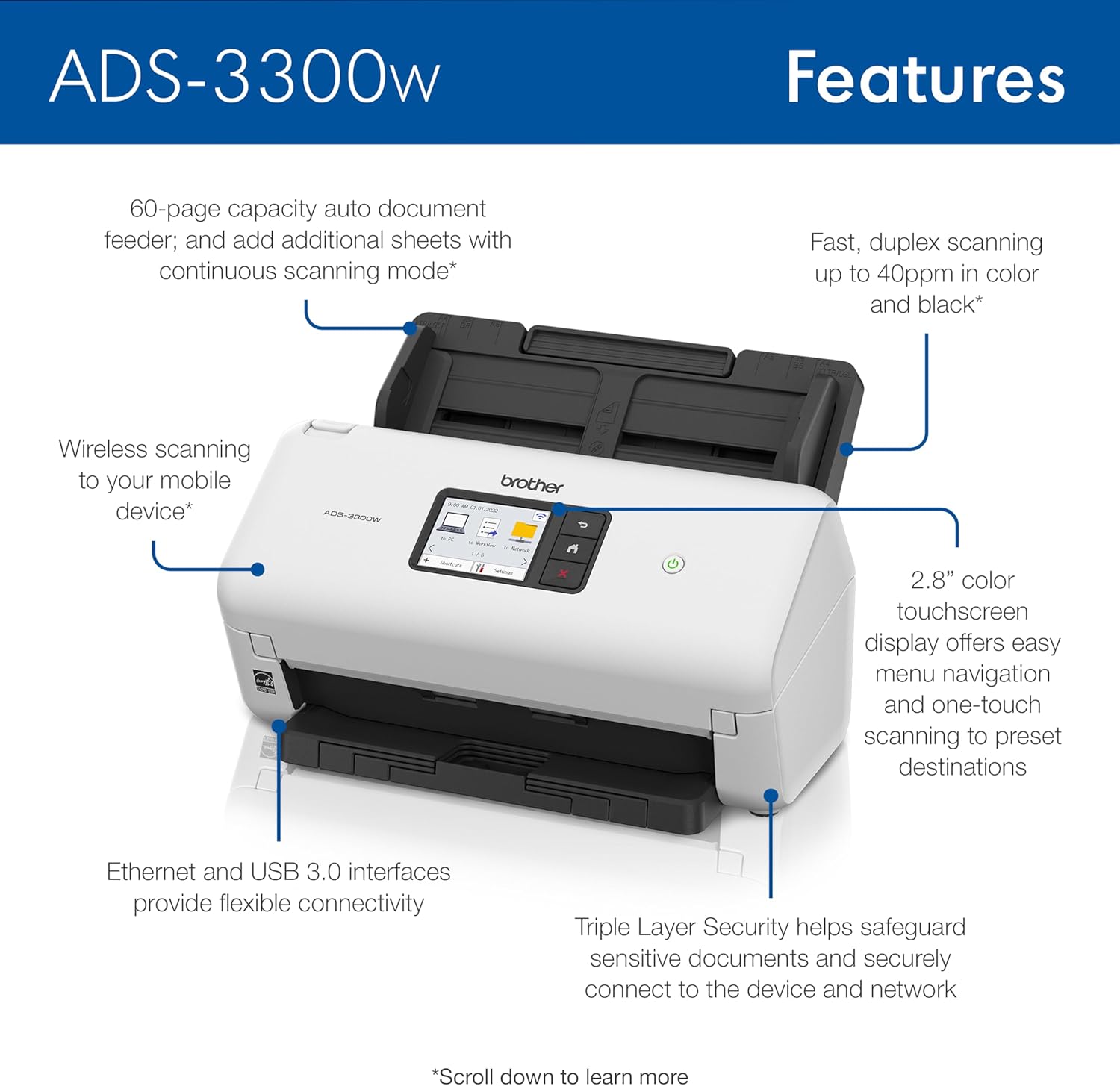 Brother ADS-3300W Wireless, High-Speed Desktop Scanner | 2.8-inch Touchscreen | Scans Up to 40ppm1 (Renewed Premium)