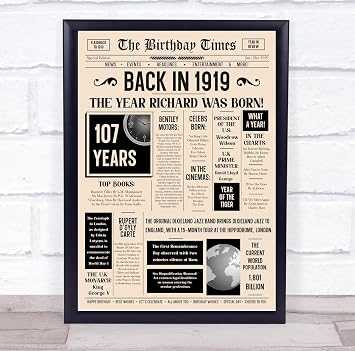 Born In 1919 Newspaper Birthday Facts Any Year Any Age Personalised Print | What Happened The Year You Were Born, Custom Print, 16th 18th 20th 21st 30th 40th 50th 60th 70th 80th 90th 100th