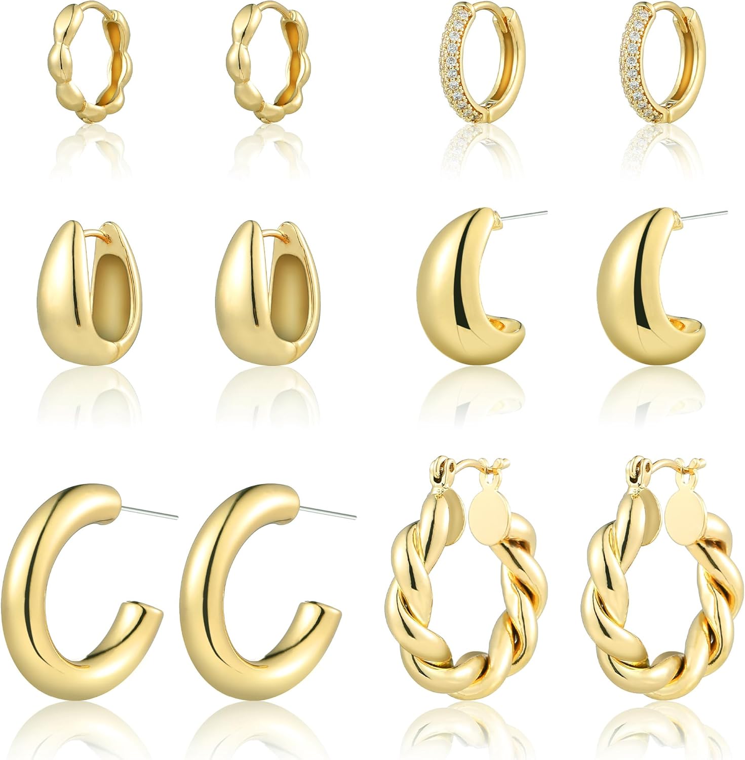 6 Pairs Gold Hoop Earrings for Women, 14K Gold Plated Chunky Huggie Hoop Earrings Set Hypoallergenic, Lightweight Twisted Open Hoops Jewelry for Christmas/Birthday Gifts.