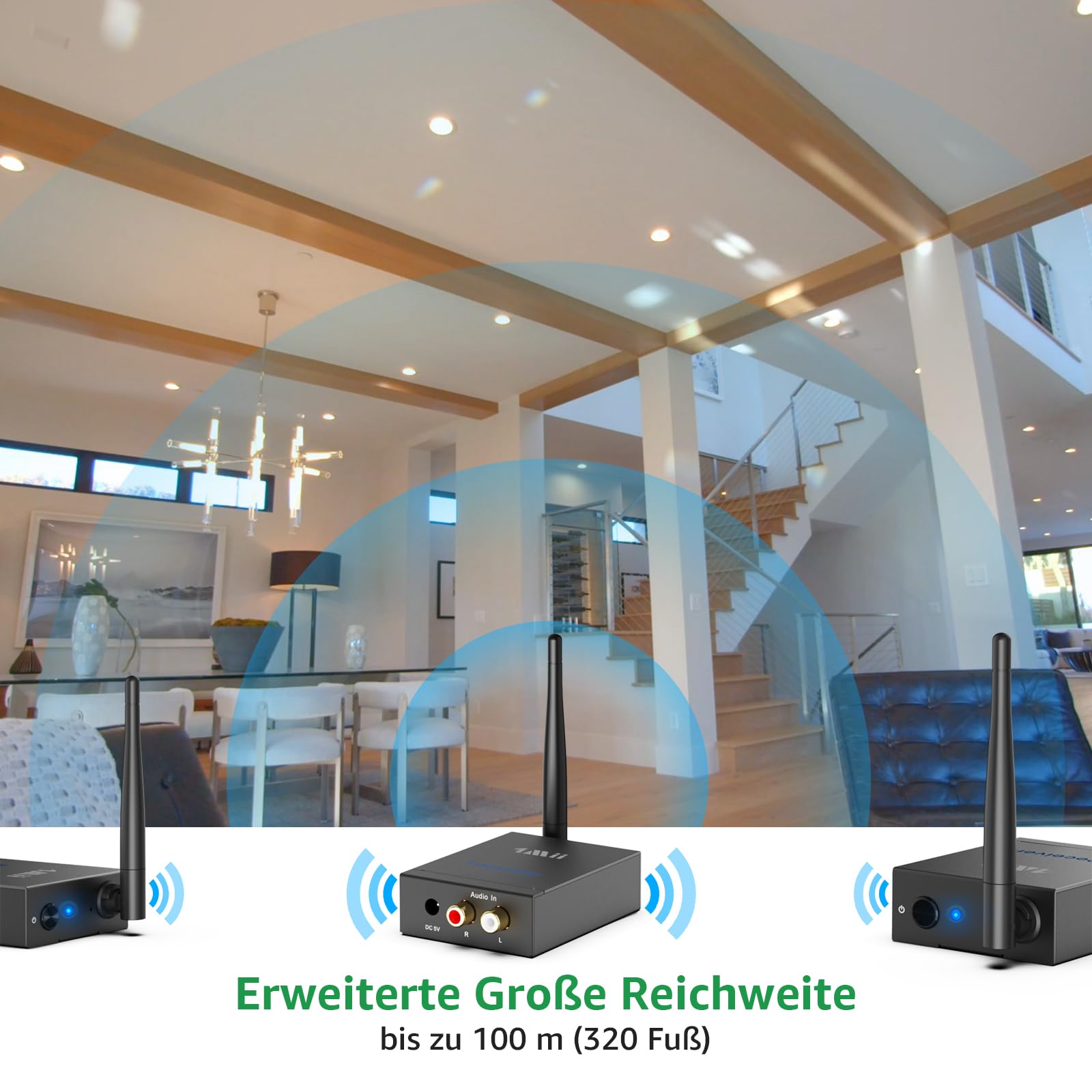 1Mii (1 TX + 2 RX) Drahtlos Audio Sender Empfänger, 2,4 GHz Funkübertragung | Niedrige Verzögerung, 100m Großer Reichweite von TV/PC zu Aktivlautsprecher/Verstärker/AV-Receiver, Cinch-Ausgang/-Eingang