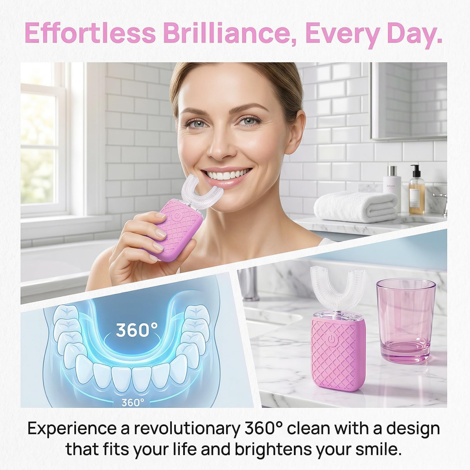 Cepillo de dientes eléctrico en forma de U para adultos, Sonic Automatic, blanqueamiento de manchas de 360°, IPX7 impermeable recargable, 3 en forma de U + 2 cabezales rectos + taza de