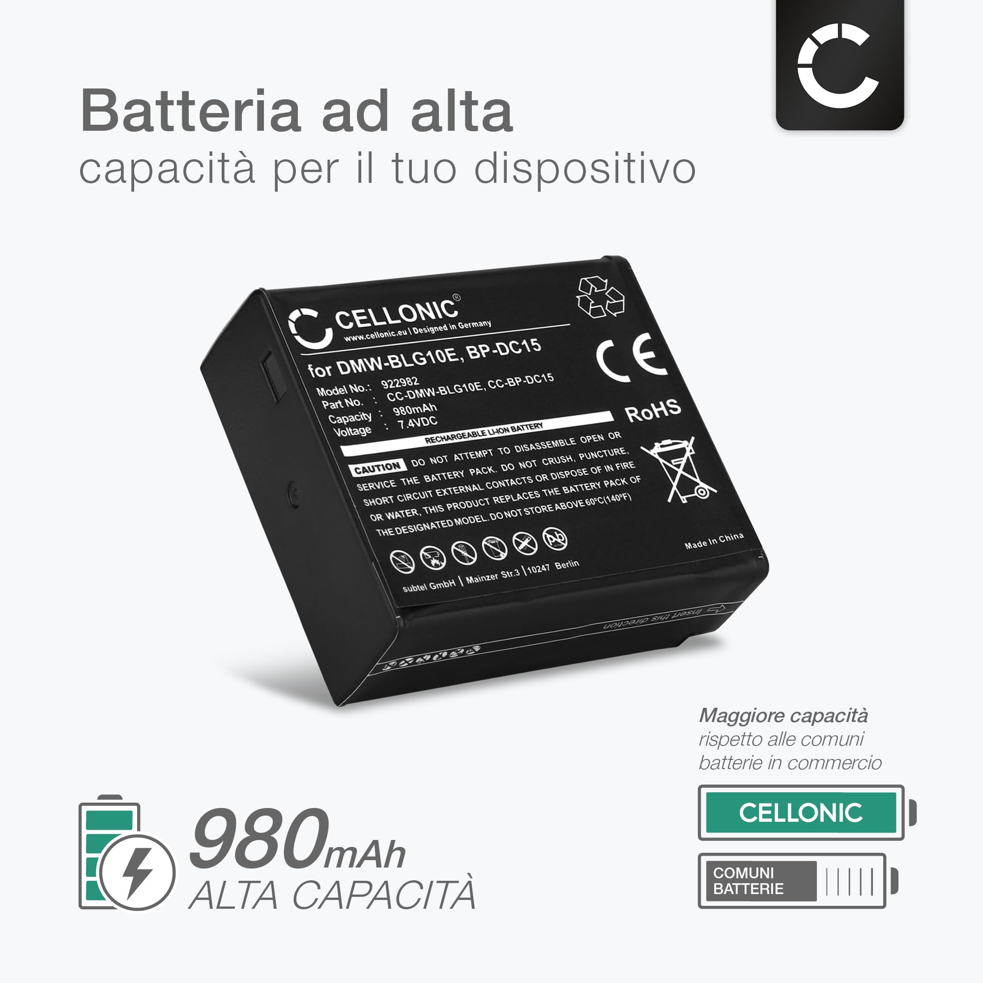 CELLONIC 2x Batteria compatibile con Panasonic DMW-BLG10E, DC-G110V | 2x, (980mAh-7.4V-Ioni di Litio), Fotocamera Batteria per Panasonic DMW-BLG10E, Lumix DC-TZ90, Lumix DMC-GX80, DMW-BLG10