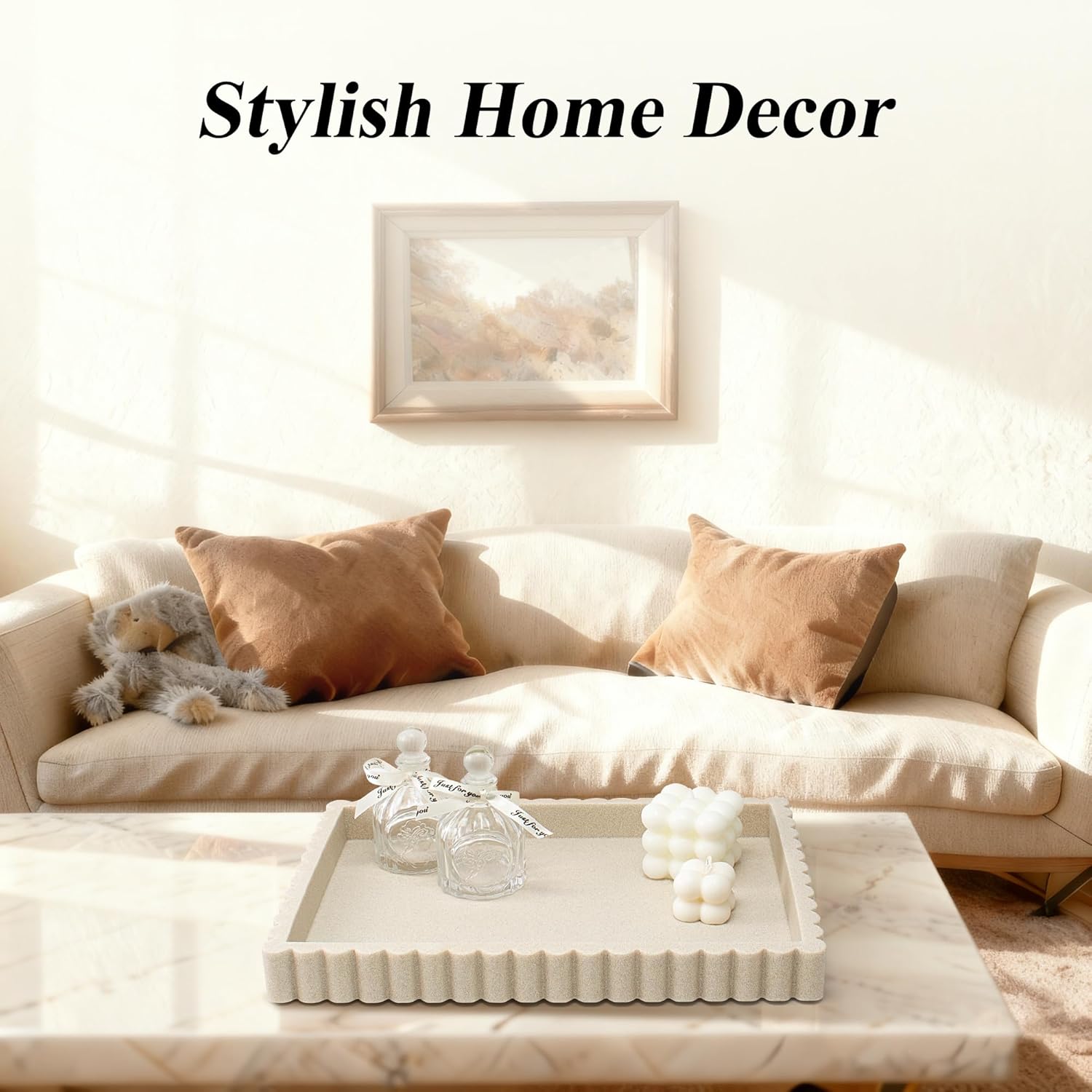 YMXYJM-Scalloped Coffee Table Tray,Ottoman Tray for Modern Home Decor. 14" Decorative Tray for Entryway Table Decor, Living Room Table Decor, Coffee Table Centerpiece - Beige Resin - Image 7