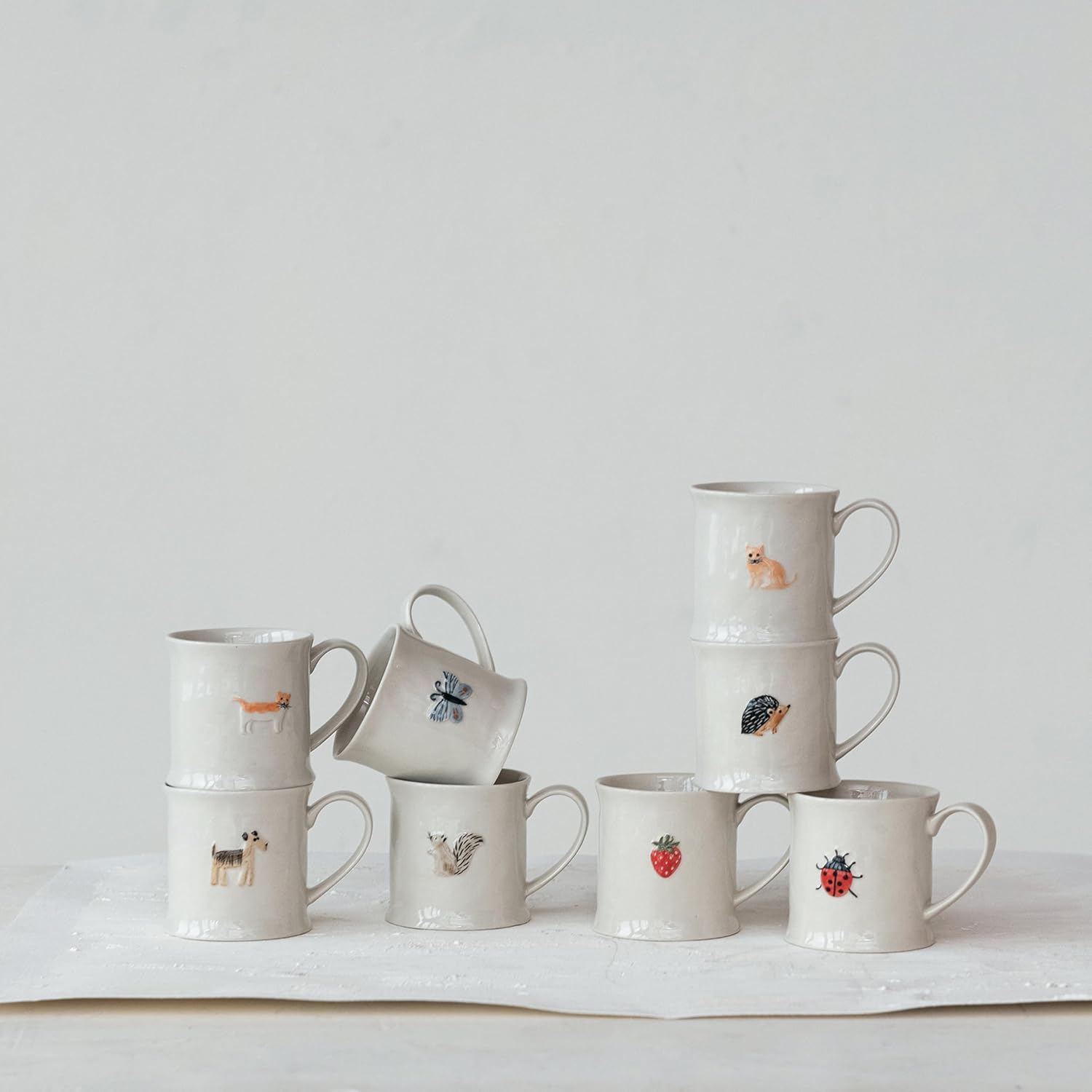 Creative Co-Op Eclectic Fauna Stoneware Mug, Multicolor, Set of 8