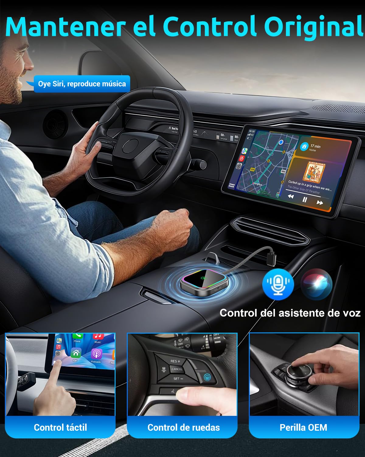 ESSGOO Mini Adaptador Inalámbrico para CarPlay/Android Auto, Adaptador 2 en 1 CarPlay Inalámbrico Bluetooth con Enchufe USB, Compatible con iOS 10+ y Android 11+, RGB con Control de Voz