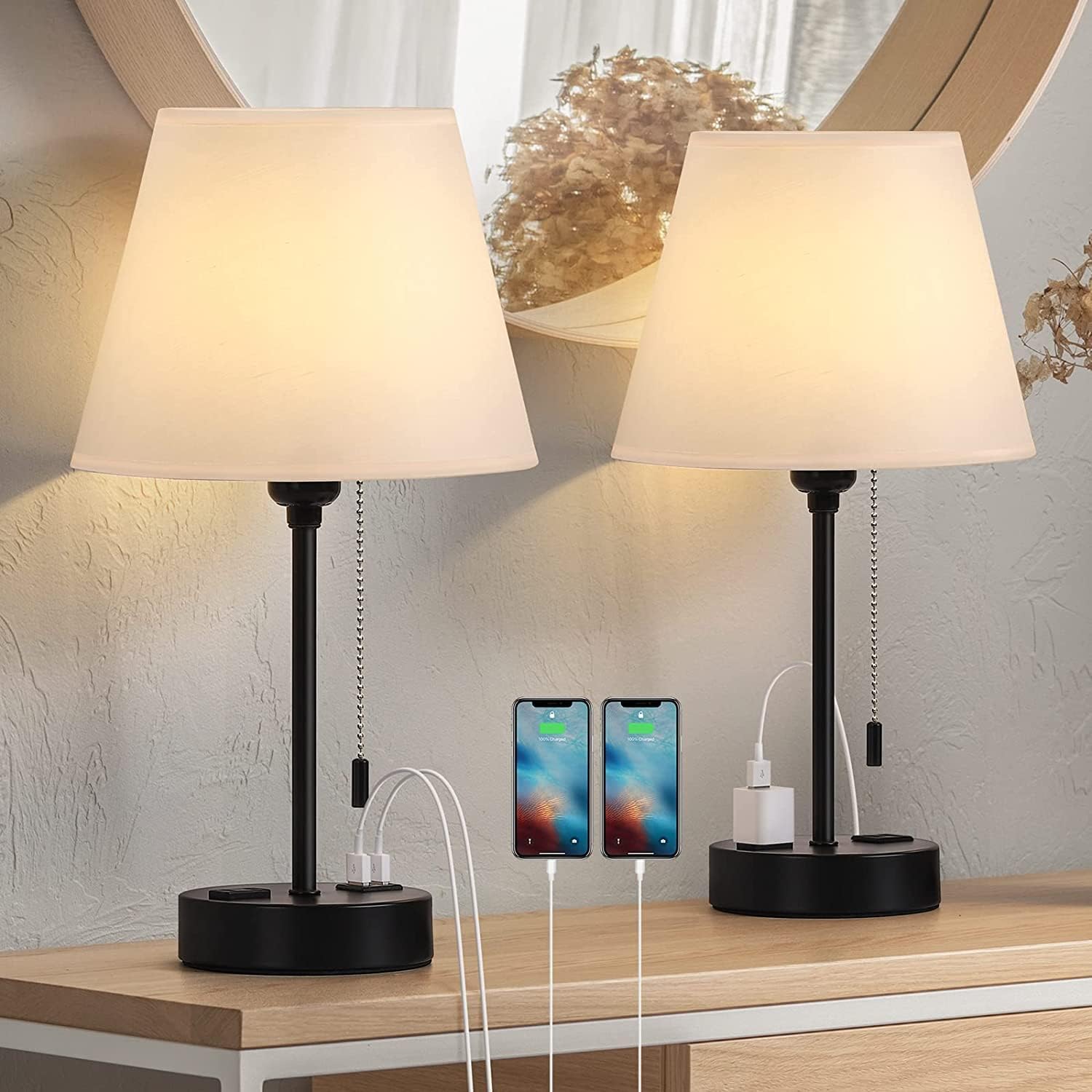YBING Table Lamps for Bedrooms Set of 2, Bedside Lamps with Dual USB