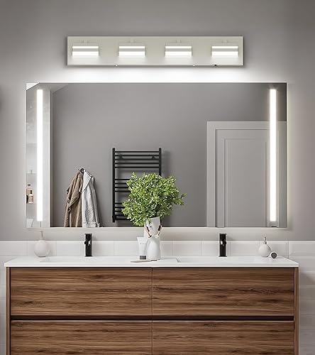 Miniatura 4 de Joossnwell Lámpara de tocador de baño de níquel cepillado, moderna (4 luces, 26.77 pulgadas), regulable 5CCT LED para tocador de baño