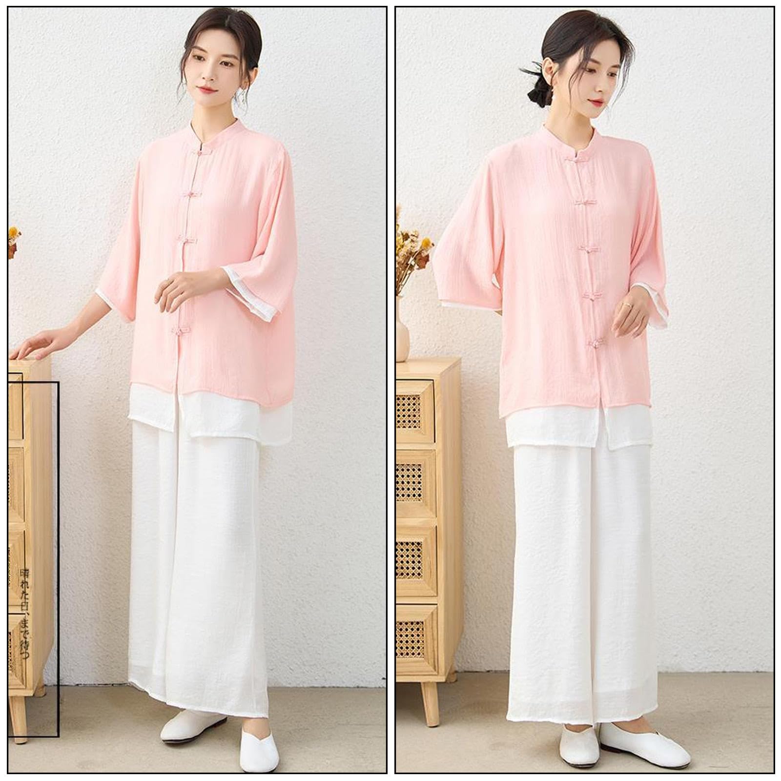 Tai Chi Kleidung Damen Seidenleinen Kung Fu Uniform Chinesischer Stil Zen Meditation Lässig Dreiviertelärmel Morgenübungen Outfit für Frauen,Pink-XL