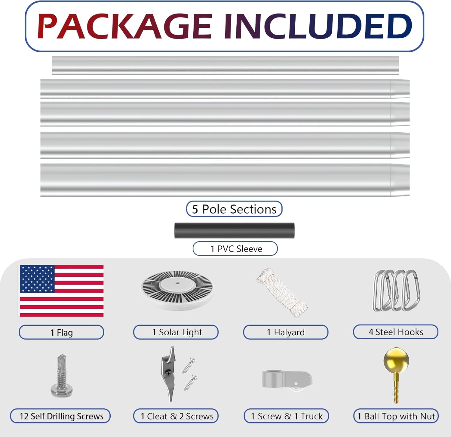 Upgraded 9 Gauge Heavy Duty Flag Pole Kit with 136 LED Ultra Bright Solar Light, 20FT 120 MPH Flagpole for Outside House in Ground, Bottom 3 mm Thick & 3 in Wide, 300D Thick Flag, Silver