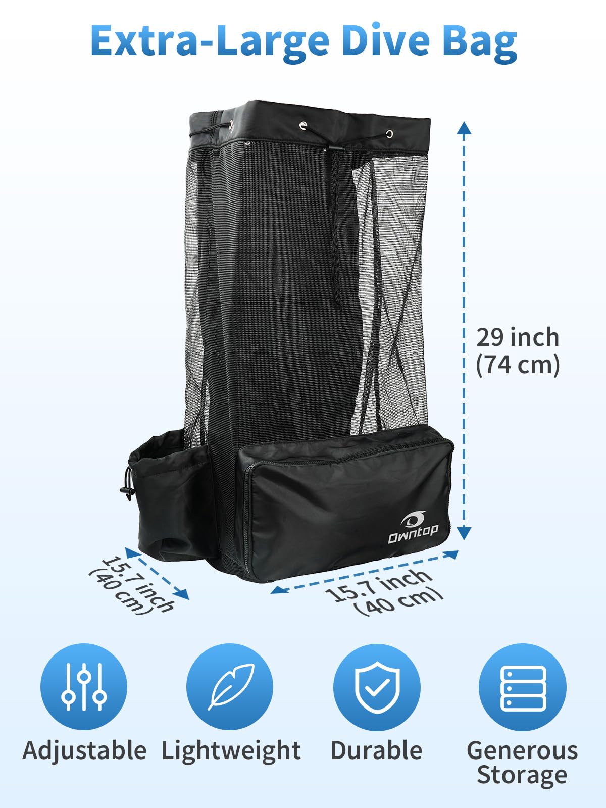 Owntop Borsa da immersione in rete, zaino espandibile con coulisse, grande, contiene attrezzatura da snorkeling: maschera, pinne, muta, stivaletti, guanti e altro ancora, 39,9 x 39,9 x 73,7 cm