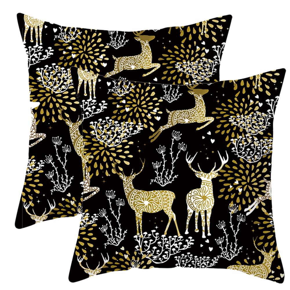 LTDKAEN Gold Christmas Deer Throw Cushion Covers 18x18 Set of 2 Boho Plants Floral Farmhouse Decorative Xmas Pillow Covers Short Pile Pillow Case for Sofa Bedroom