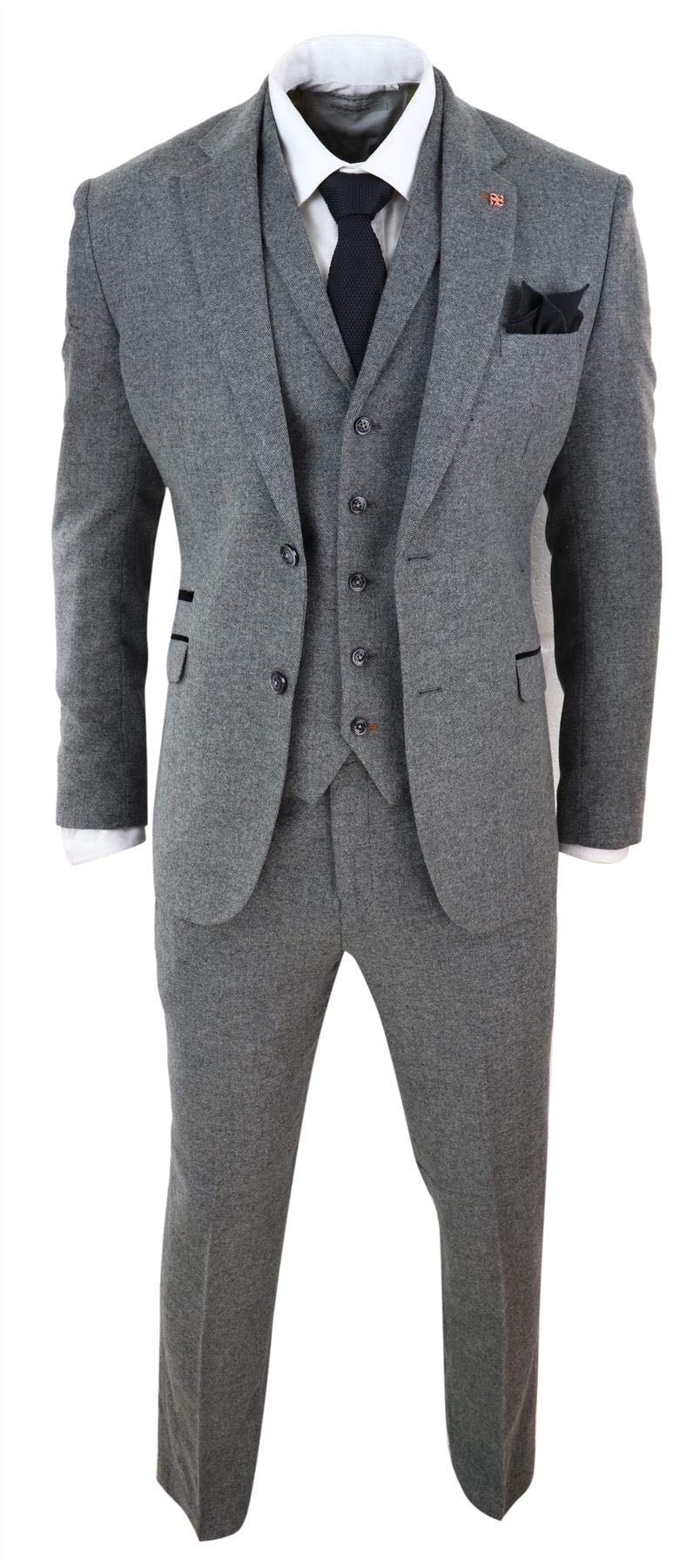 CavaniMens 3 Piece Wool Suit Herringbone Tweed Dark Grey Formal Classic 1920s Wedding