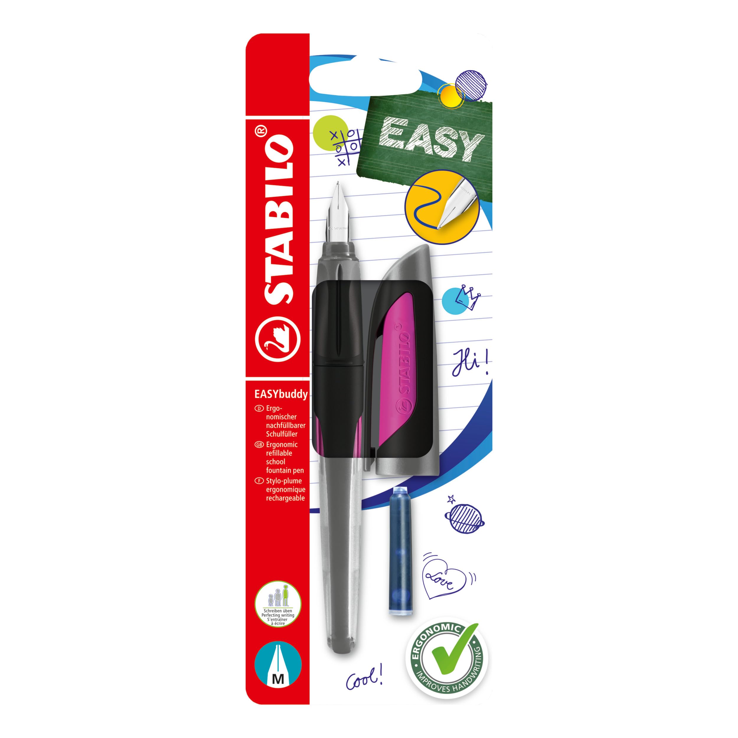 STABILO EASYbuddy - Ergonomic School Fountain Pen - M -Nib - Right-Handed - Pack of 1 - Black/Magenta
