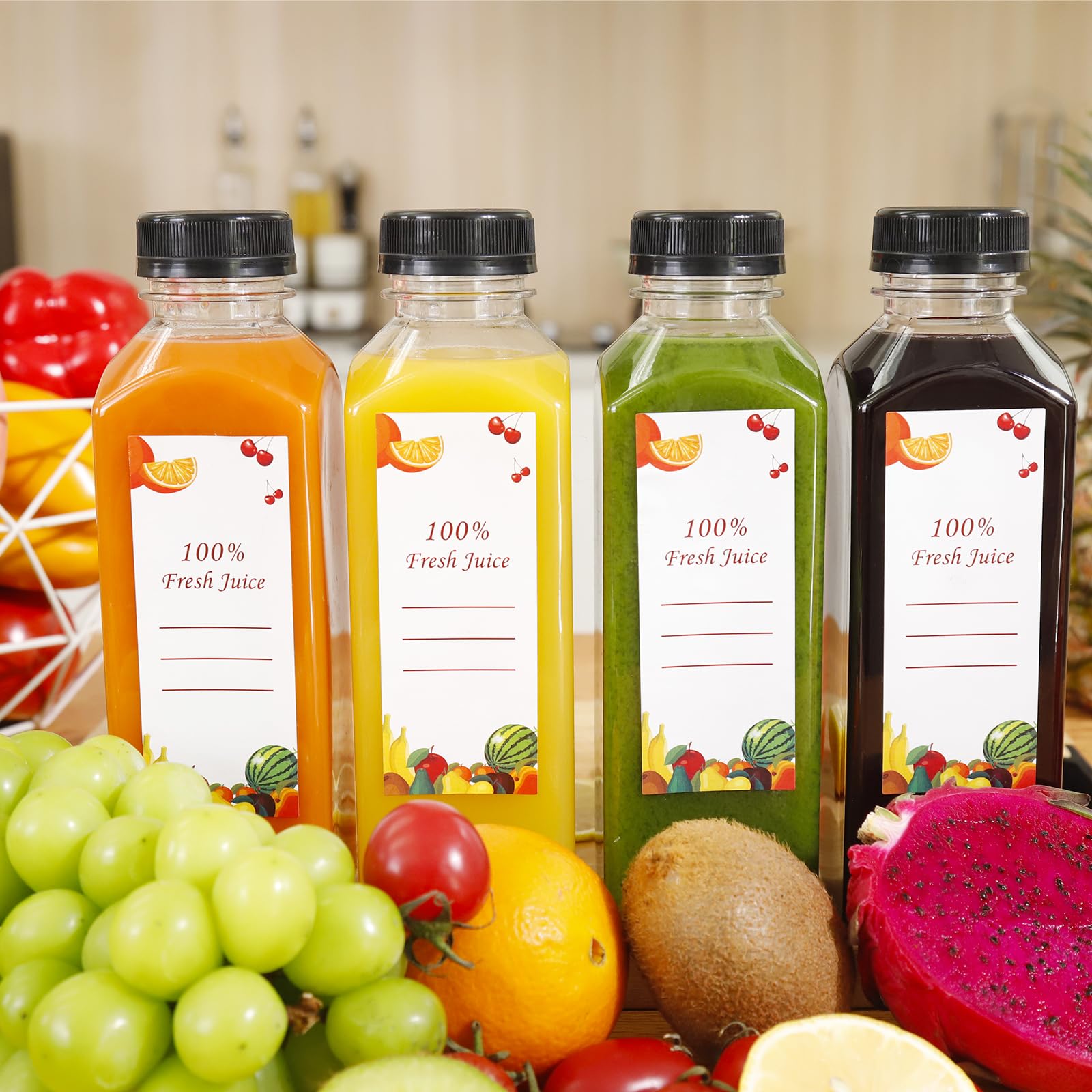 OBKJJ 80 botellas de jugo de plástico de 16 onzas, botella de jugo con tapas, botellas transparentes vacías reutilizables con etiqueta, embudo, cepillo, recipientes de bebidas a granel para jugos,