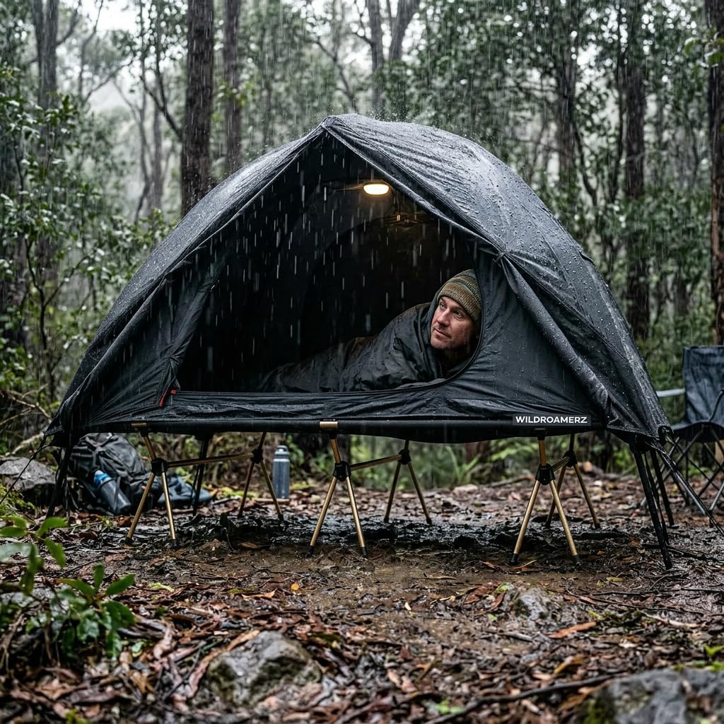 1 Person Off-Ground Tent Cot Combo - Lightweight Backpacking Camping Bed with Rainfly & Mosquito Net, Portable for Solo Motorcycle/Bicycle Travel & Hiking