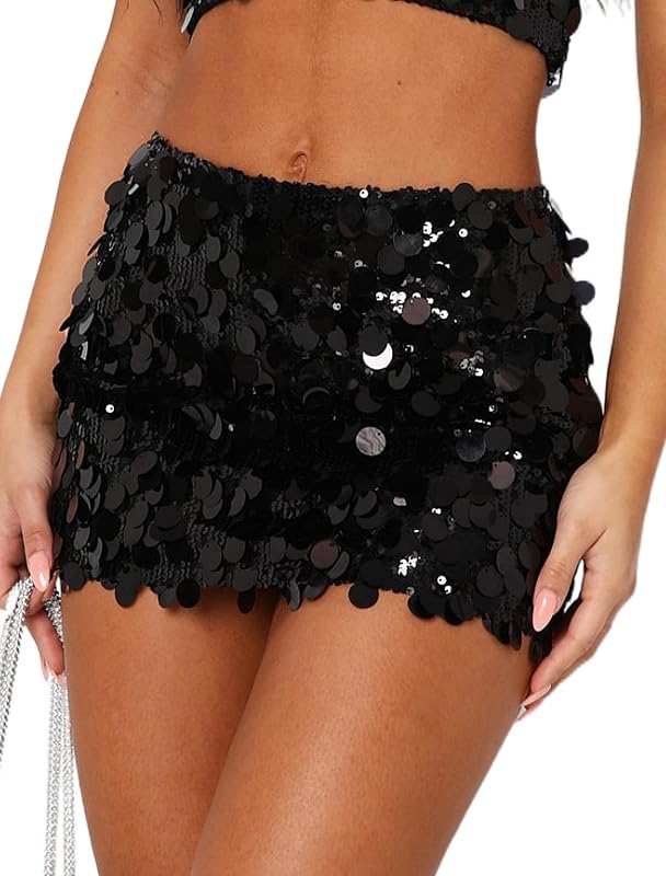 Women's Sequin Skirt Sparkle Stretchy Bodycon Mini Party Glitter Skirts