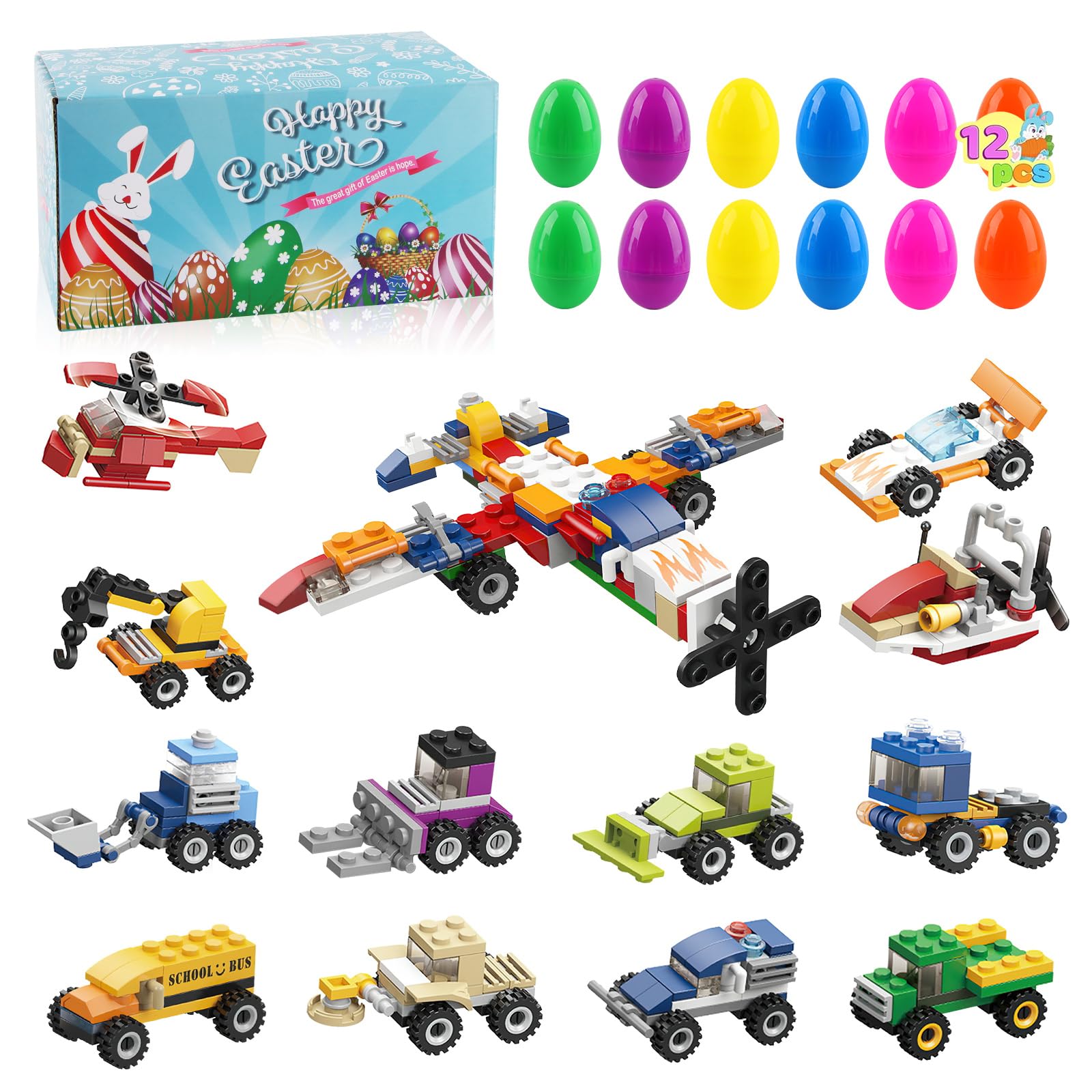 dellyy 12 Pezzi Easter Eggs Bambini, Regalo Pasqua Bambini, Uovo di Pasqua con Blocchi da Costruzione di Auto, Idee Regalo Pasqua, Uova Giocattolo per Bambini, per Caccia alle Uova (Veicoli)
