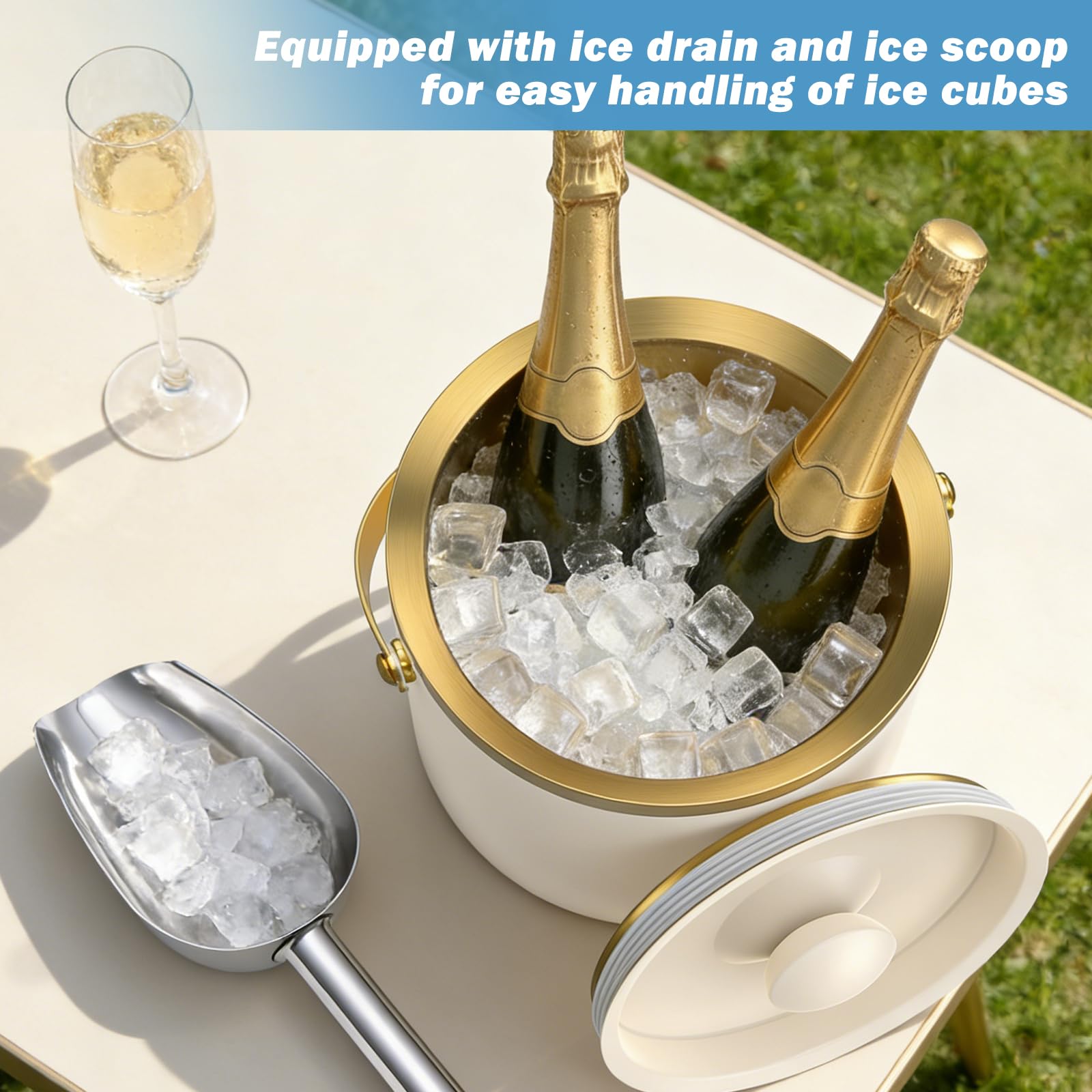Seau à glaçons en acier inoxydable de 3 l, seau à glace avec couvercle et pelle, double paroi sans BPA, idéal pour refroidir la bière, le champagne et le vin (blanc/doré)