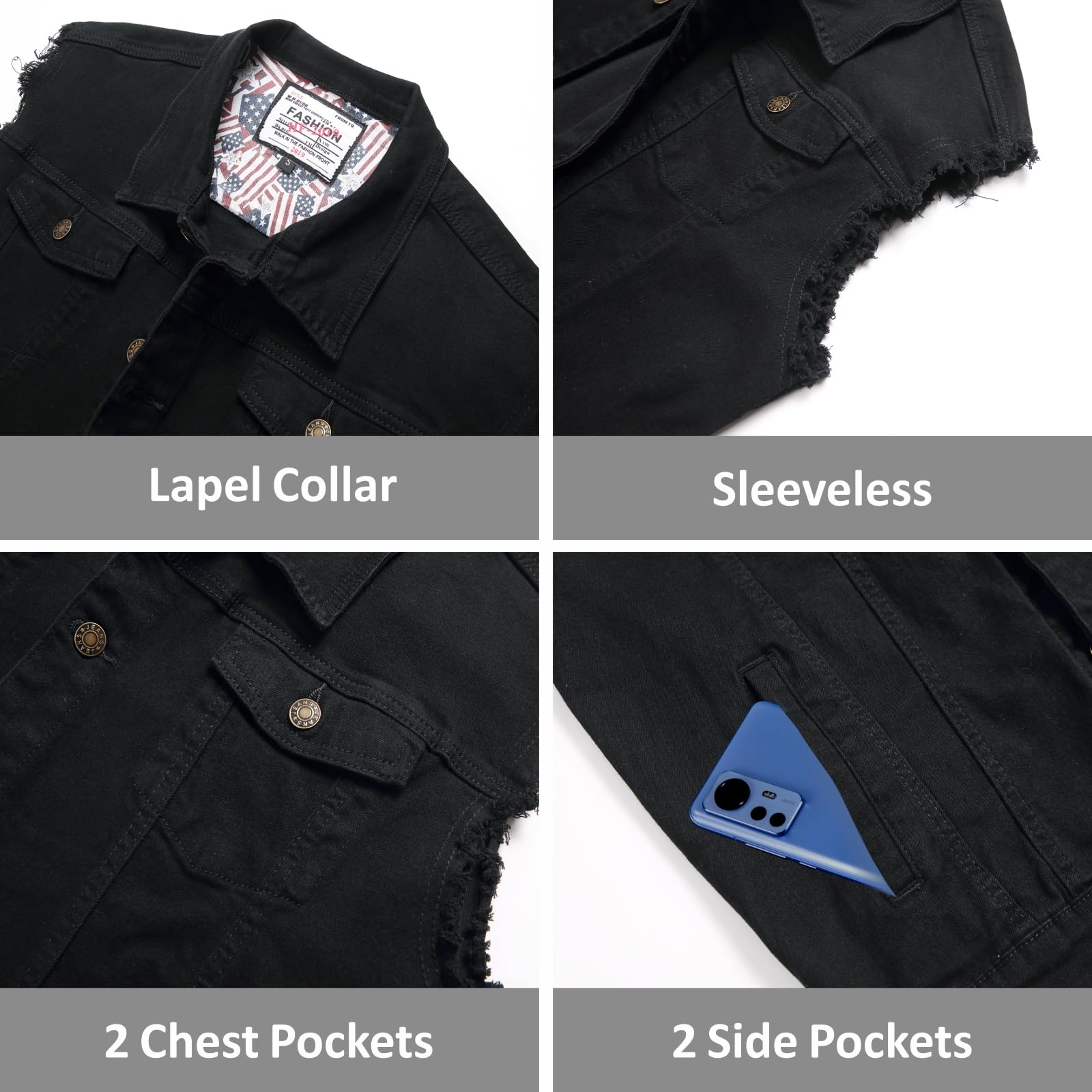 Herren Jeansweste, ärmellose Jeansjacke, zerrissene dehnbare abgenutzte Kampfweste für Herren, ärmellose Oberbekleidung