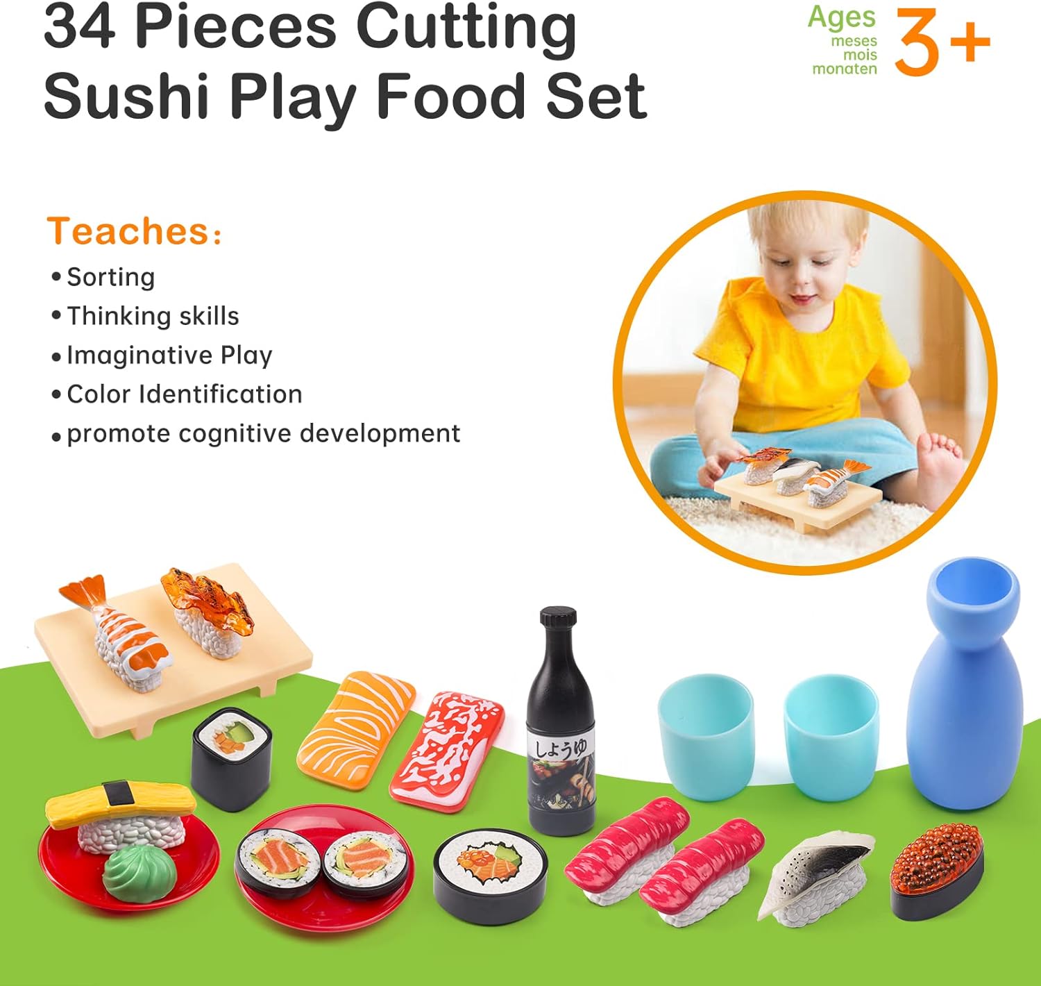 Funpynani Sushi Slicing Play Food Set, 34Pcs, 3+ Ages LED Light with Color Changing Pretend Food Toys Accessories with Velcro for Kids, Play Kitchen for Toddlers, Learning Gift for Girls Boys