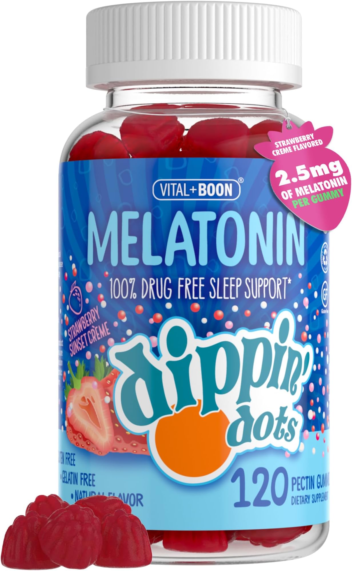 Dippin Dots - Melatonin Gummies for Kids & Adults (60 Days Supply) Strawberry Sunset Creme Flavor | 2.5mg Per Kids Melatonin Supplement for Faster, Longer Sleep | Gummies for Children (120 Count)
