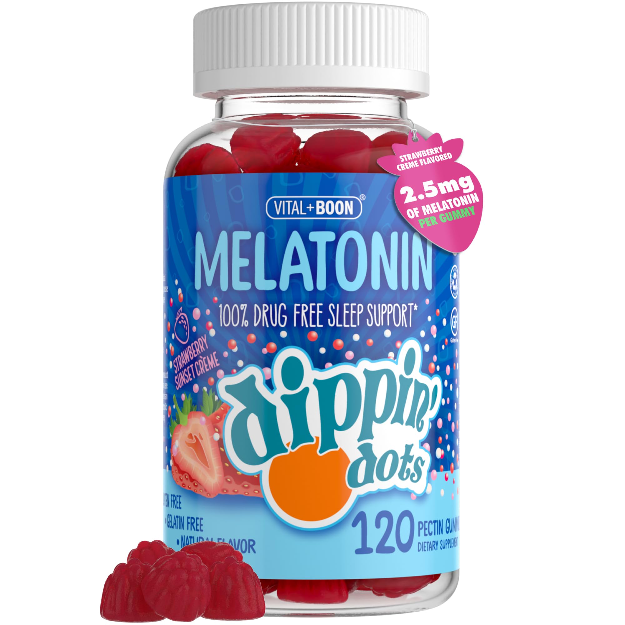 Dippin' Dots - Melatonin Sleep Support Gummies (120 Count) Strawberry Sunset Creme Flavor Chews | 2.5mg Per Gummy Sleep Supplement for Children and Adults | Supplement for faster Faster & Longer Sleep