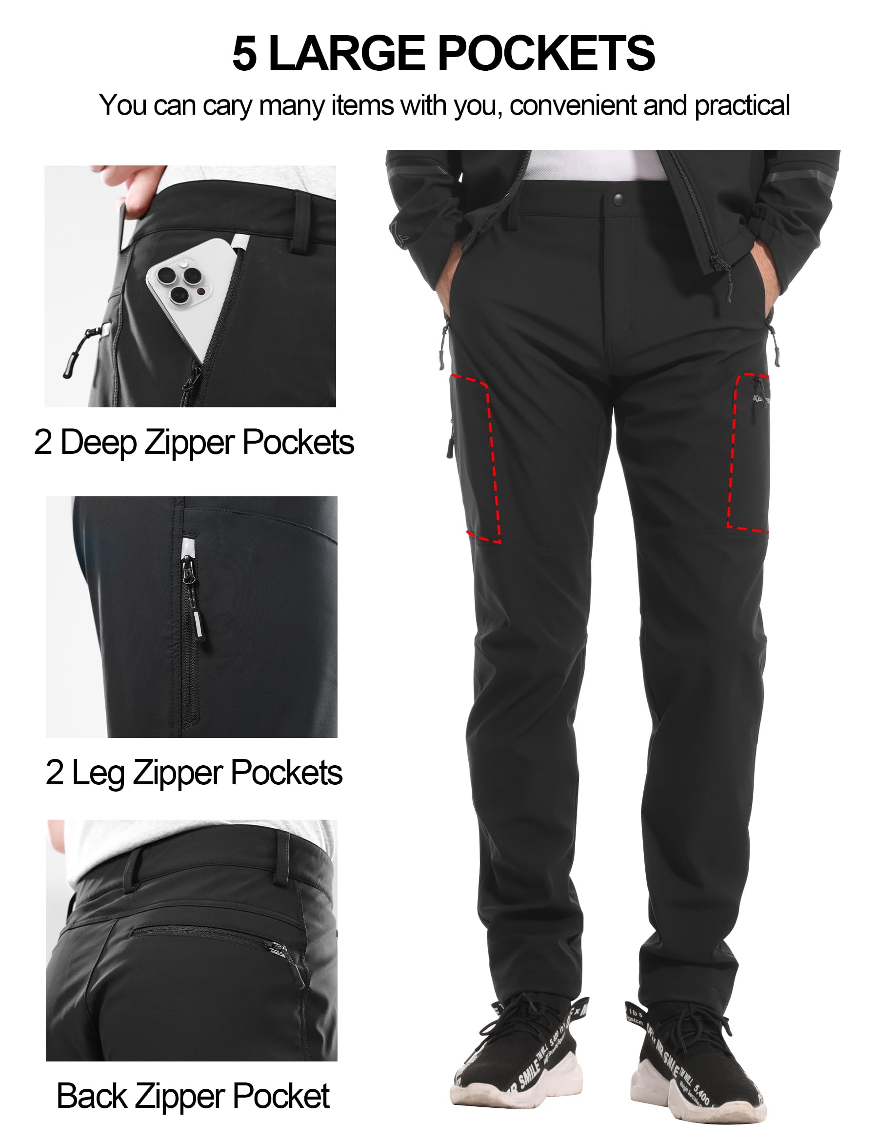 KUTOOK Pantalones Softshell Hombre Largos Cortaviento Invierno Antiarañazos Elástico con 4 Bolsillos Trekking Outdoorsport HP500
