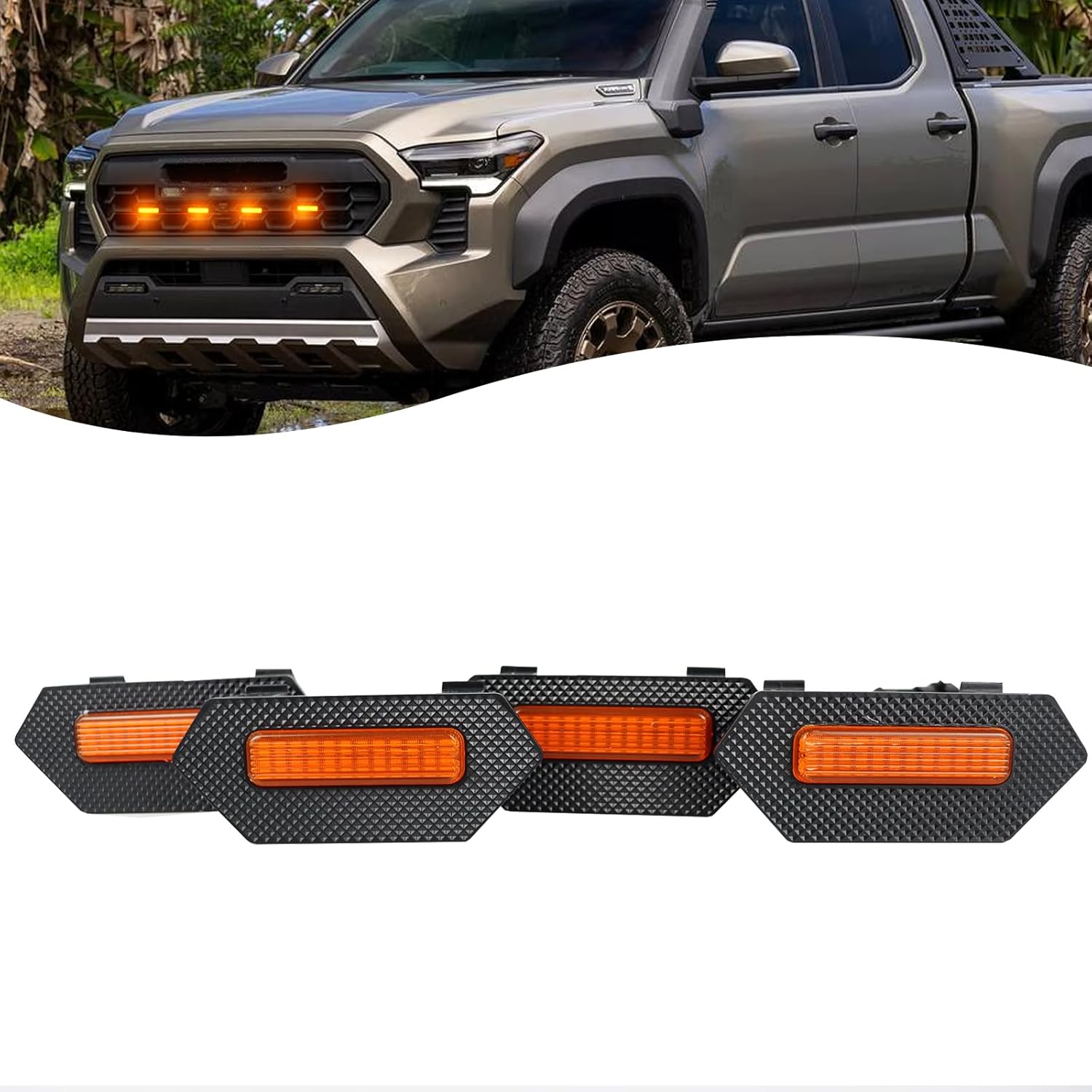 4pc Smoked Housing Amber LED Front Grille Lights DRL Feature Kit for Toyota Tacoma 2024 2025 Trailhunter TRD Pro Cab Pickup Accessories (Yellow)