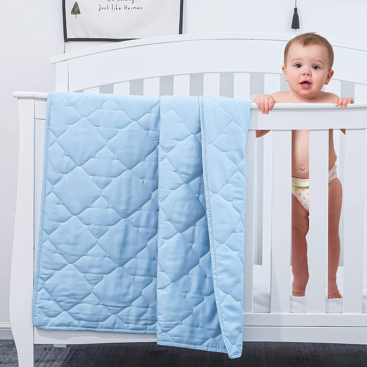 SunStyle Home Microfiber Toddler Blanket Lightweight Baby Quilted Blanket All Seasons Multi-Use Cozy Crib Comforter for Boy and Girls (Light Blue, 41"X60")
