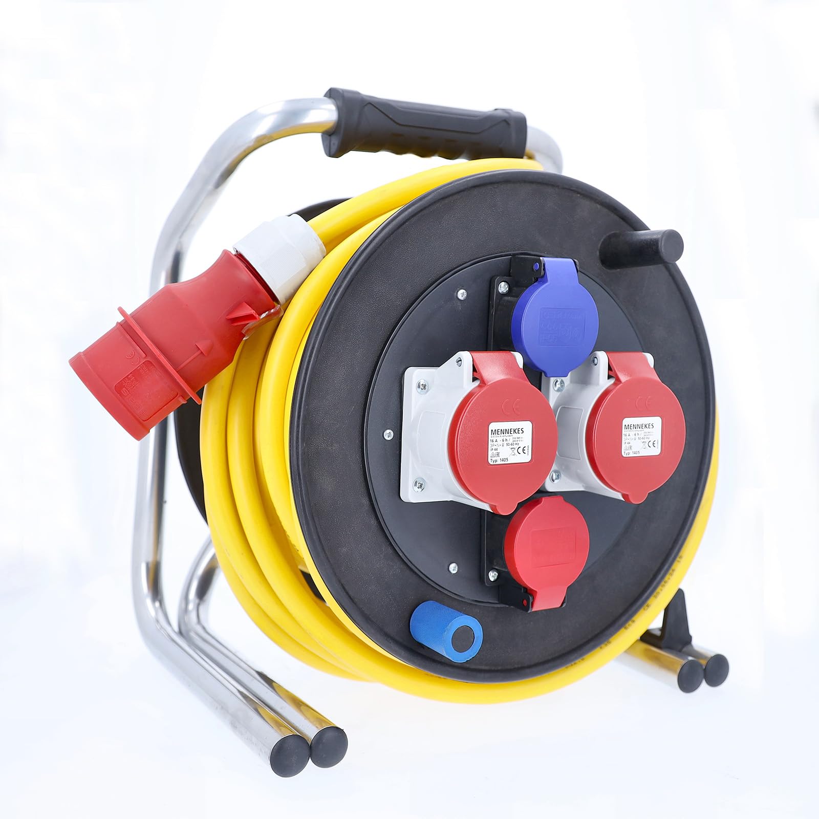 as - Schwabe avvolgicavo CEE 33 m AT-N07V3V3 F 5G2,5 giallo, esterno IP44, spina CEE 16A 5 poli, prese CEE e SEV, interruttore termico di protezione, gomma dura, molto robusto, Made in Germany