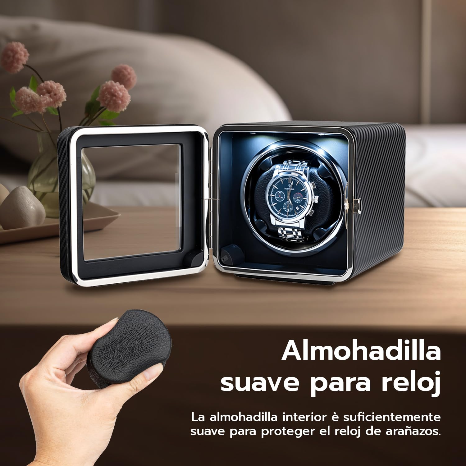 Mcbazel Enrollador de Relojes Automático con Luz LED – Watch Winder Caja Giratoria para un Solo Reloj, Motor Silencioso, 4 Modos de Rotación, Caja de Reloj en Piel PU - Fibra de Carbono