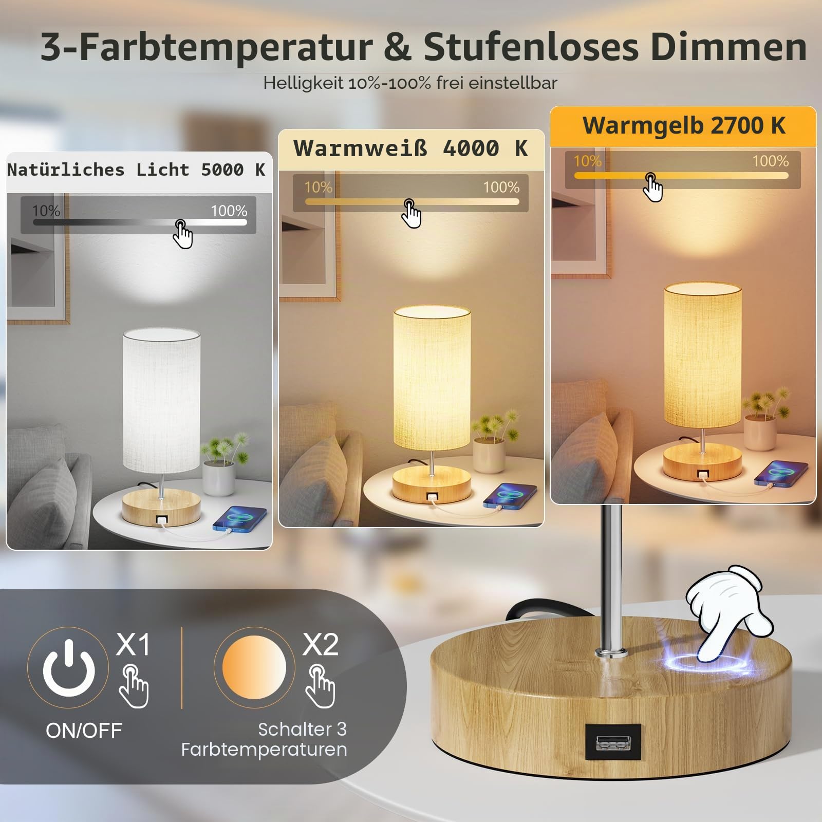 Nachttischlampe 2er set, Dimmbar Touch, USB-Anschluss | 3 Farbtemperaturen und Stufenlose Helligkeit Tischlampen, Geeignet für Schlafzimmer, Wohnzimmer, Büro