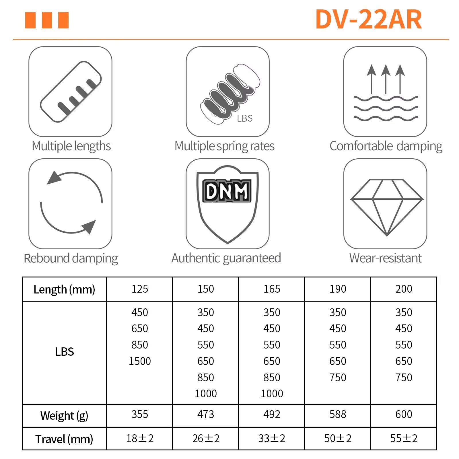 DNM DV-22AR Spule + Ölstoßdämpfer 125/150/165/190/200 mm, verstellbare Dämpfung, hydraulische Stoßdämpfer für MTB/E-Bikes/Scoter/Motorräder, Feder 165 mm x 340 kg