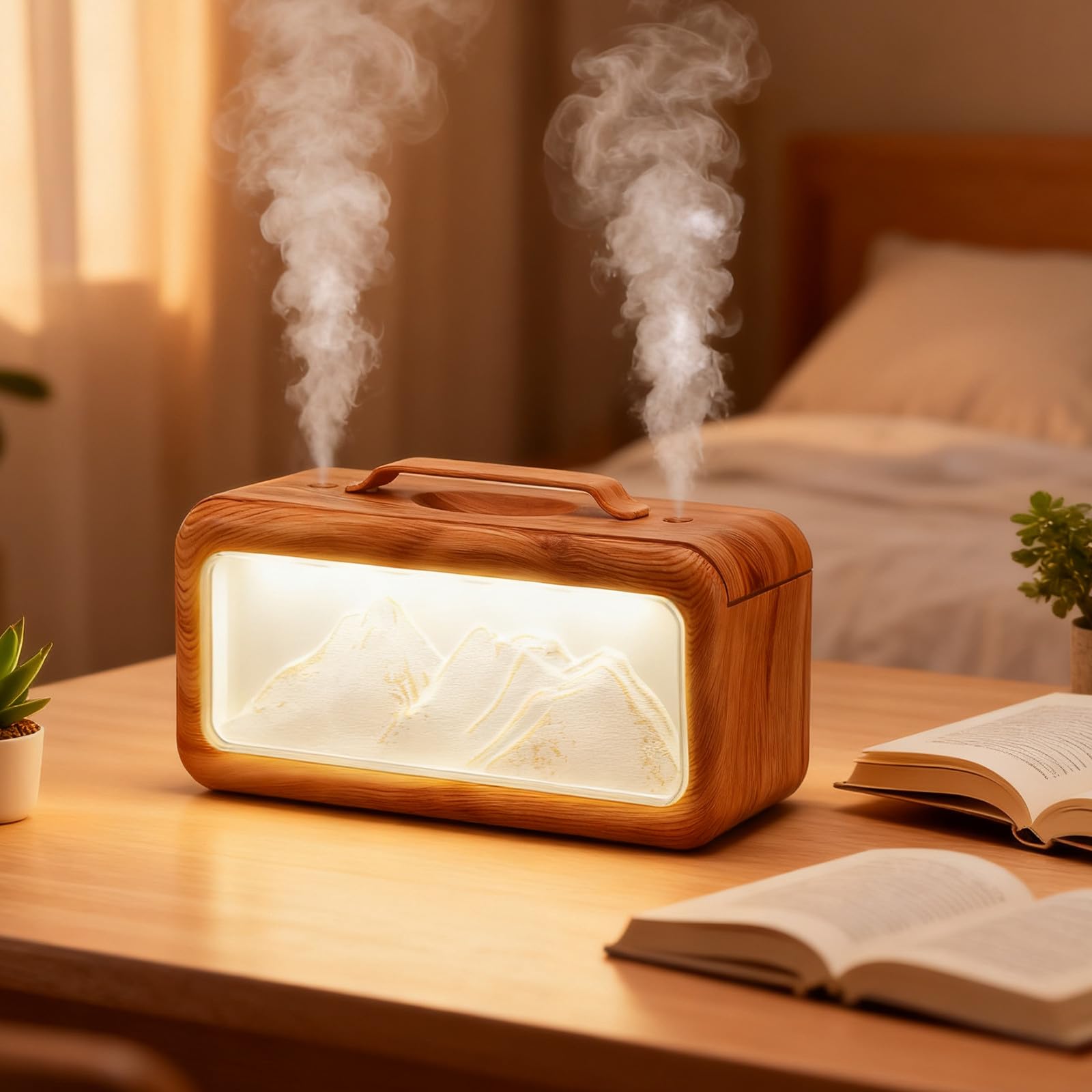 Humidificador Portátil para Dormitorio Diseño de Vetas de Madera y Escena de Montaña, Capacidad de 600 Ml, Decorativo y Silencioso para Uso Personal