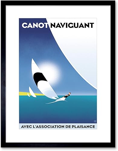 Viaje Canot vaviguant Vintage francés windsurf Framed Art Print Mount B12 X 10650