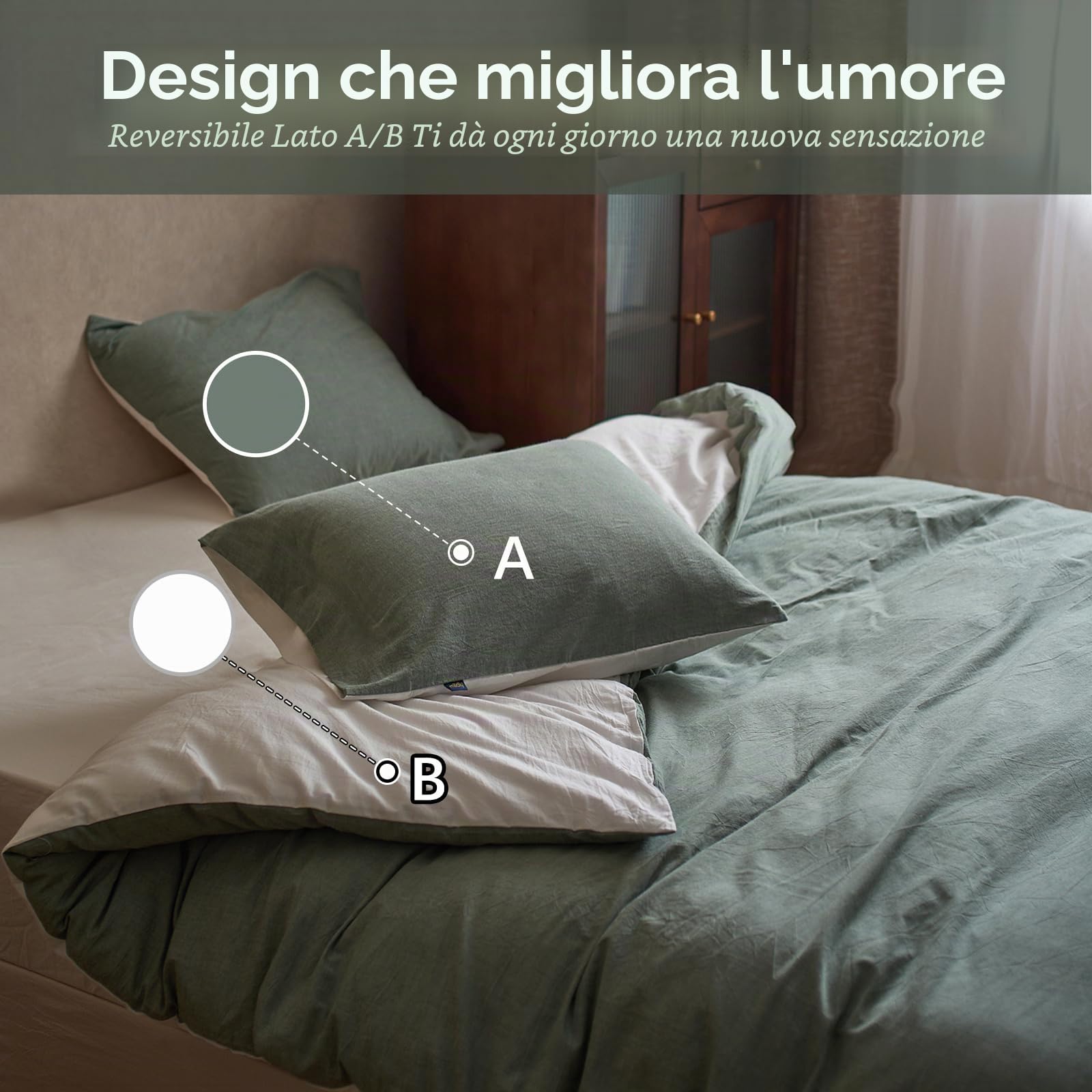 MILDLY Copripiumino, 240 x 260 cm, cotone, lavato, biancheria da letto, Öko-TEX, verde salvia, biancheria da letto 240 x 260 cm, cotone con cerniera con 2 federe, 65 x 65 cm