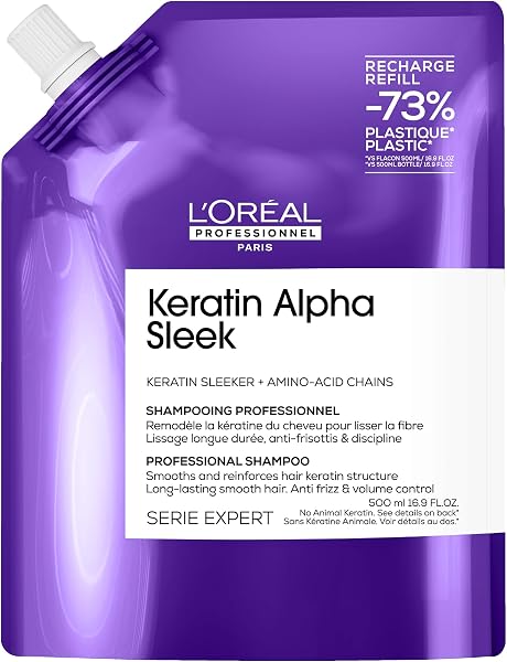 L'Oréal Professionnel Keratin Alpha Sleek Sulphate-Free Shampoo for Smoothing & Frizz Control, Hydration, Softness & Shine, Suitable for Coloured, Frizzy Hair, 500ml Refill - 1