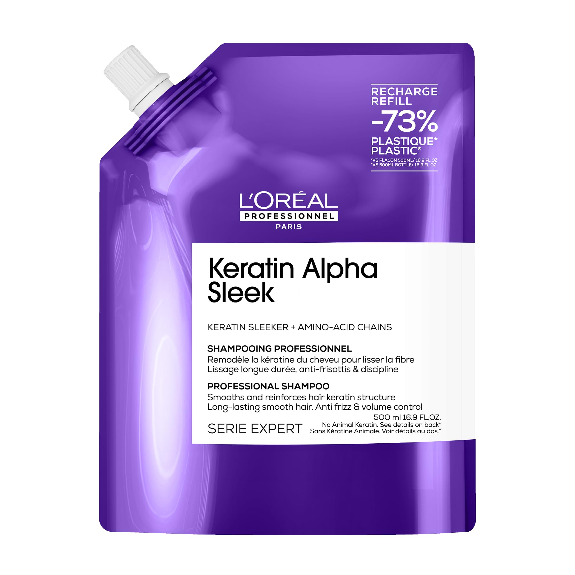 L'Oréal Professionnel Keratin Alpha Sleek Sulphate-Free Shampoo for Smoothing & Frizz Control, Hydration, Softness & Shine, Suitable for Coloured, Frizzy Hair, 500ml Refill