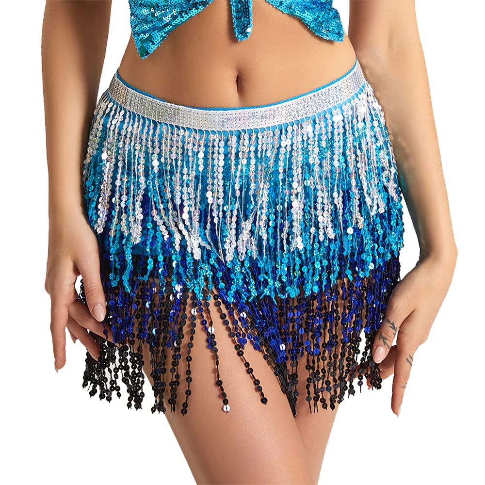 Leemiman Women's Color 1 Sequin Tassel Skirt Glitter Sparkly Fringe Belly Dance Hip Scarf Skirts Festival Dance Performance Metallic Rave Party Belts Costume (Color 1)