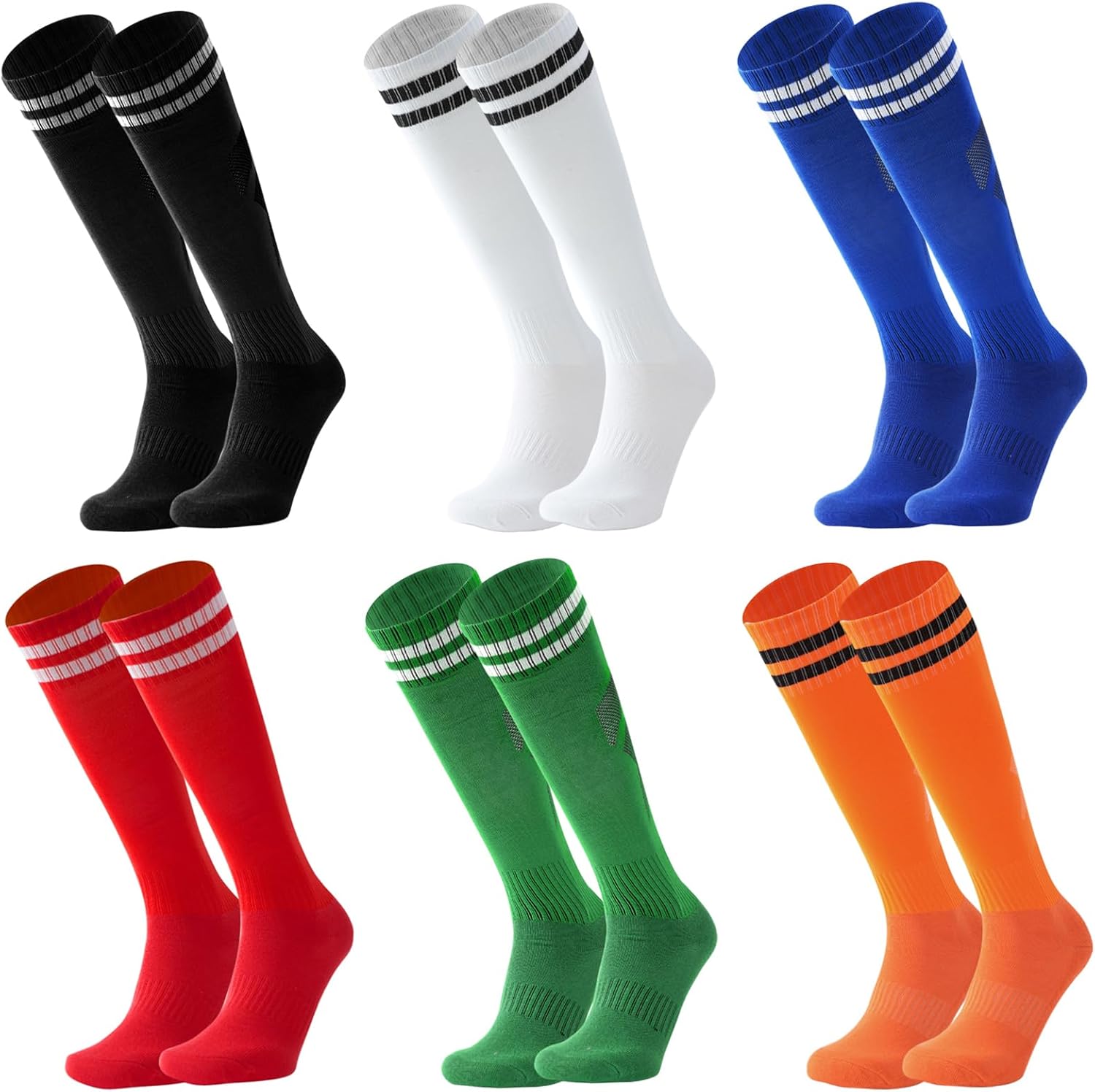 Barrlves 6 Pairs Kids Soccer Socks Striped Knee High Tube Socks Football Uniform Sports Socks for Boys Girls 6-12Years Old
