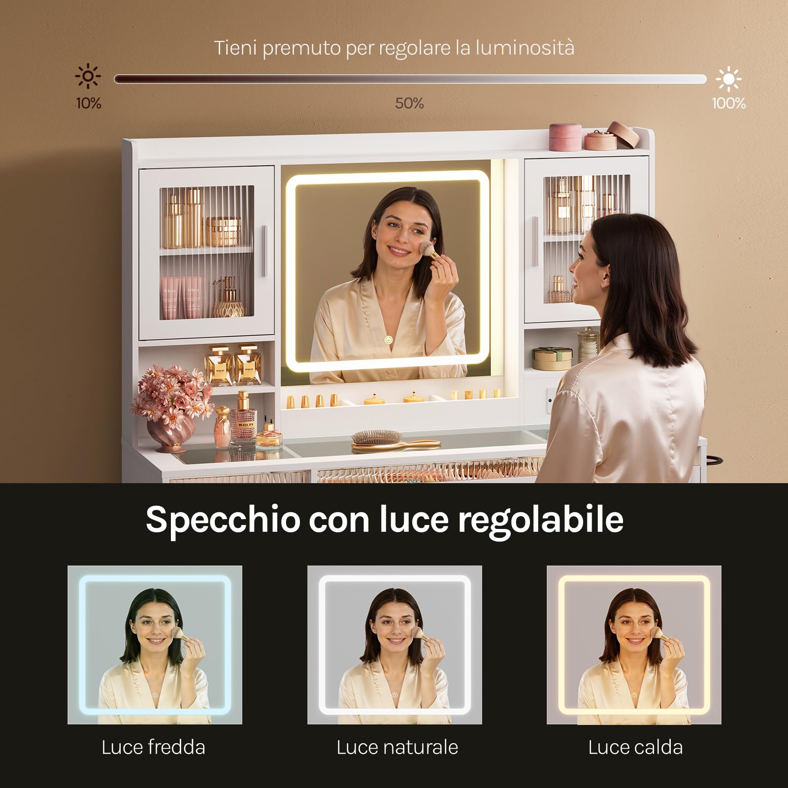WOLTU Toeletta con Specchio e LED Regolabili, 2 Armadietti con Ante e Luci RGB, 9 Cassetti e Multipresa, Piano in Vetro Temperato, Postazione Trucco, per Camera da Letto, Cabina Armadio, Bianco