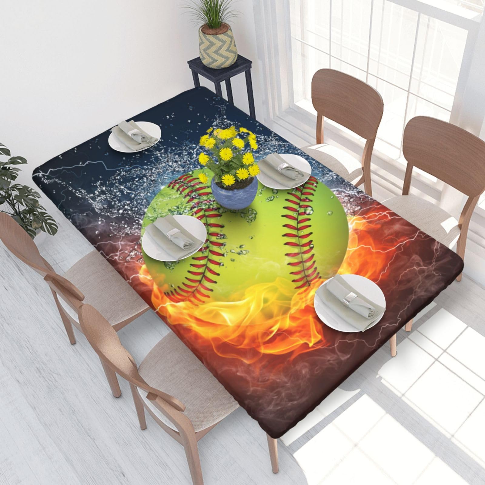 BNVSADC Orange Softball Baseball on Fire and Water Printed 4FT Tablecloth 122x76 CM Polyester Kitchen Water Resistant Table Cloth Dining Table Decoration Table Covers
