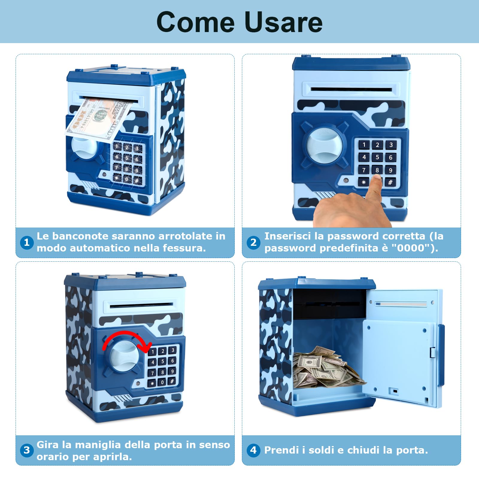 Pup Go Salvadanaio Elettronico ATM per Bambini 3-12 Anni, Regalo Natale per Ragazzi, Cassaforte con Codice per Monete & Banconote, BancoMat Giocattolo con Ricevuta Automatica (Blu)