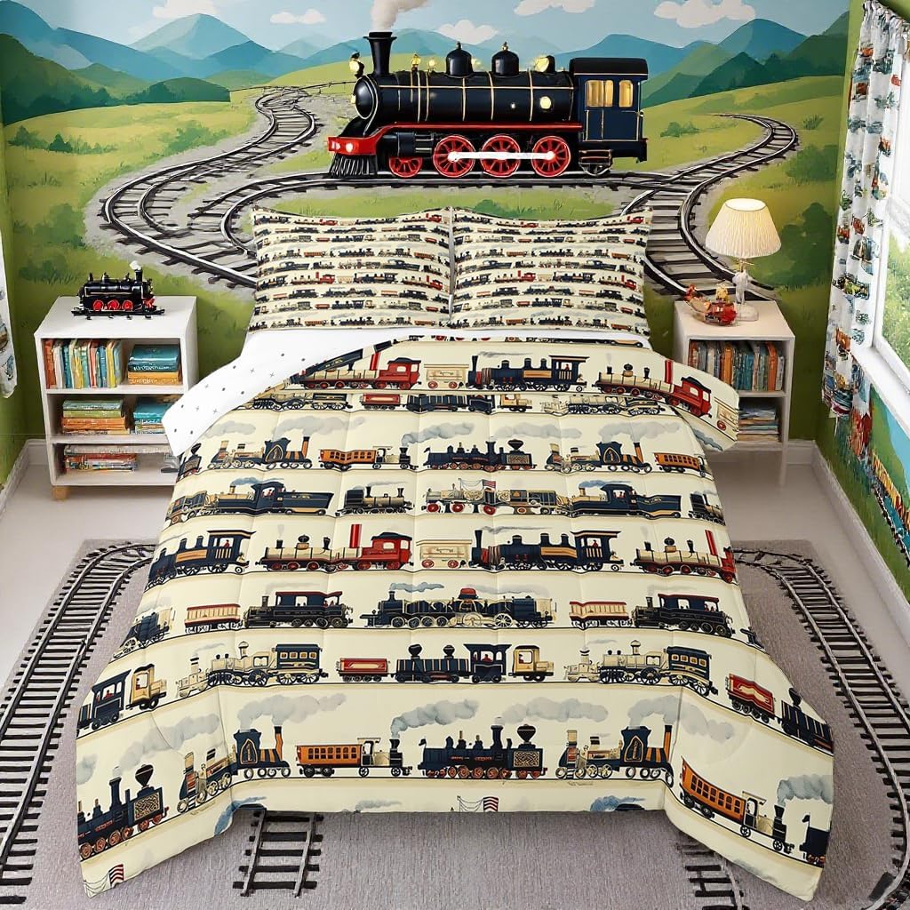 Feelyou Kids Vintage Train Comforter Set Toddler Retro Steam Engine Bedding Set Boys Girls Retro Steam Locomotive Train Quilt Set Retro Vintage Vehicle Train Bed Set