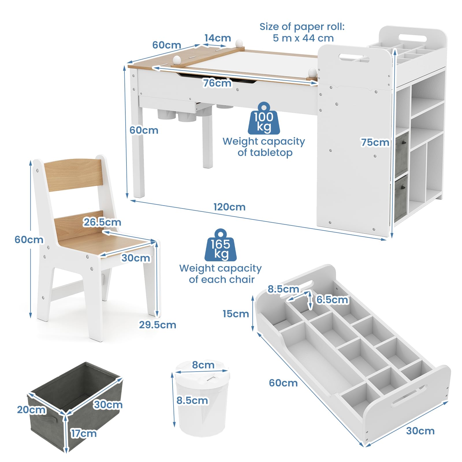 LIFEZEAL Tavolino Bambini, in Legno, con Sedia, Lavagna, Cavalletto, Scaffale per Giocattoli, Libreria, Porta Rotolo di Carta, Tavolo Bambini da Cameretta, Set per Bimbi 3+Anni, Naturale